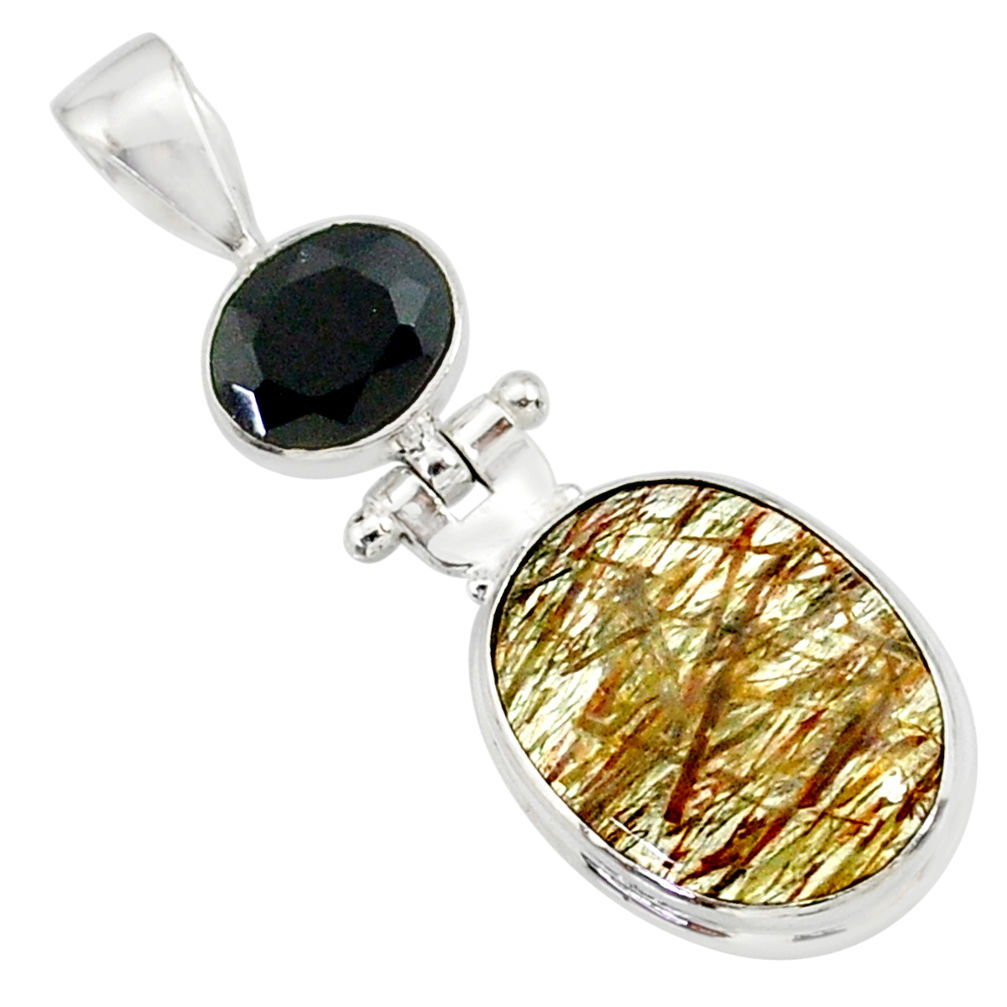 13.15cts natural bronze tourmaline rutile onyx 925 silver pendant r87701