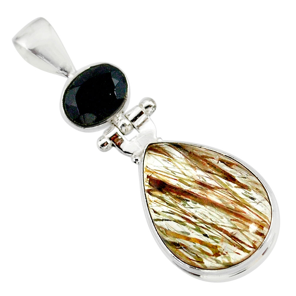 14.72cts natural bronze tourmaline rutile onyx 925 silver pendant r87754