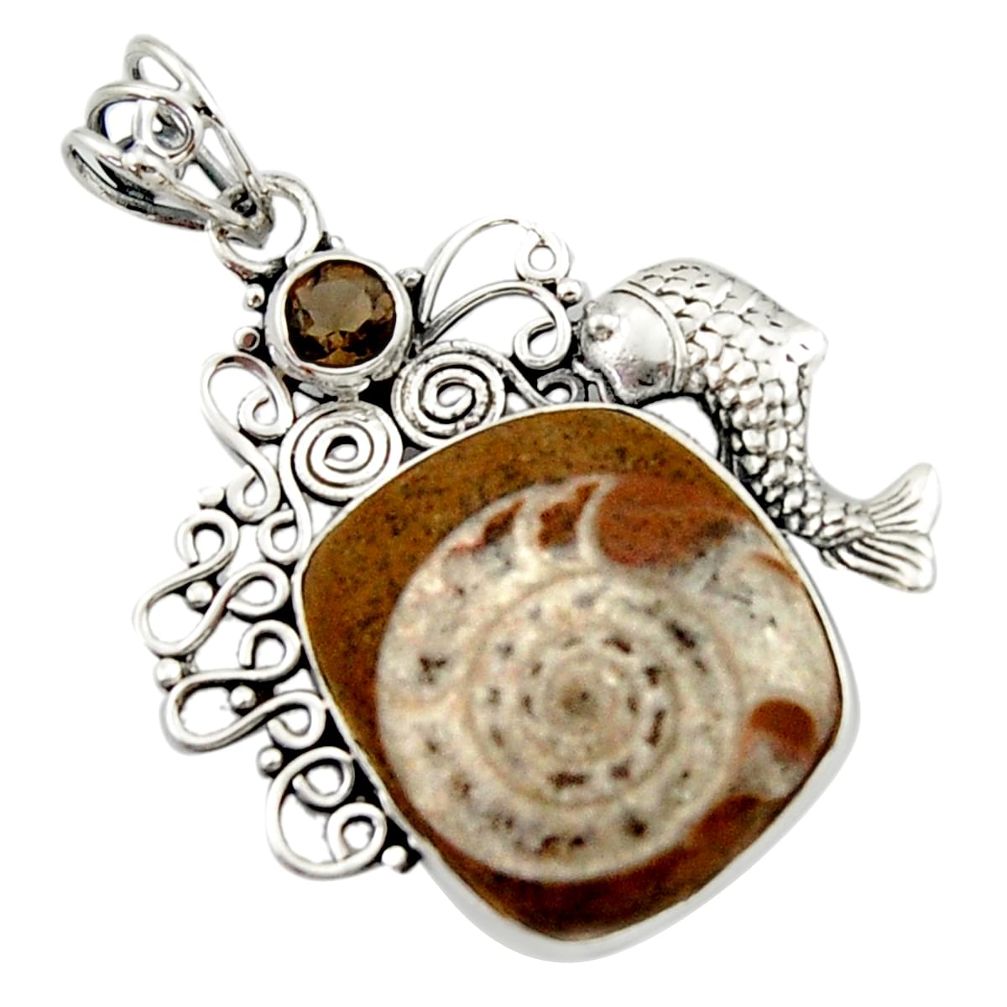 19.56cts natural brown ammonite fossil 925 silver fish pendant jewelry d46702