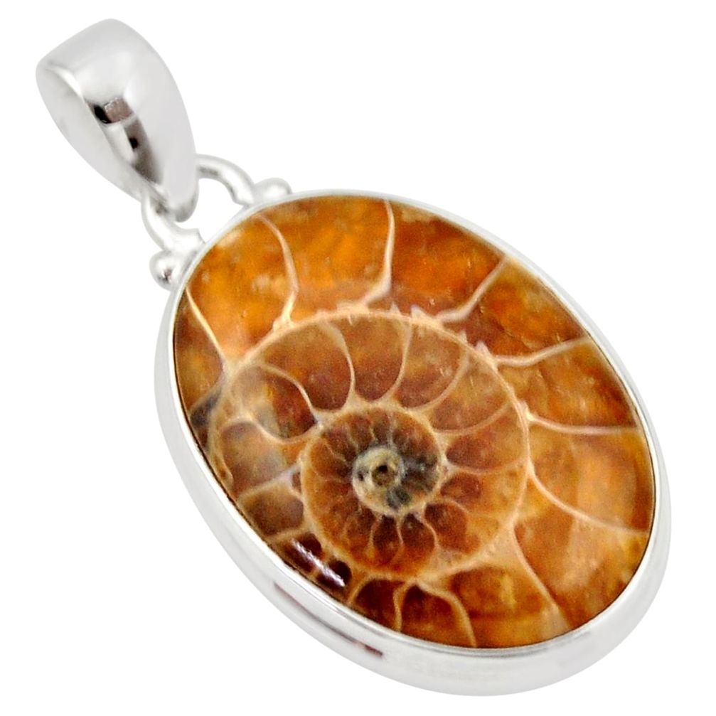 22.59cts natural brown ammonite fossil 925 sterling silver pendant r33705