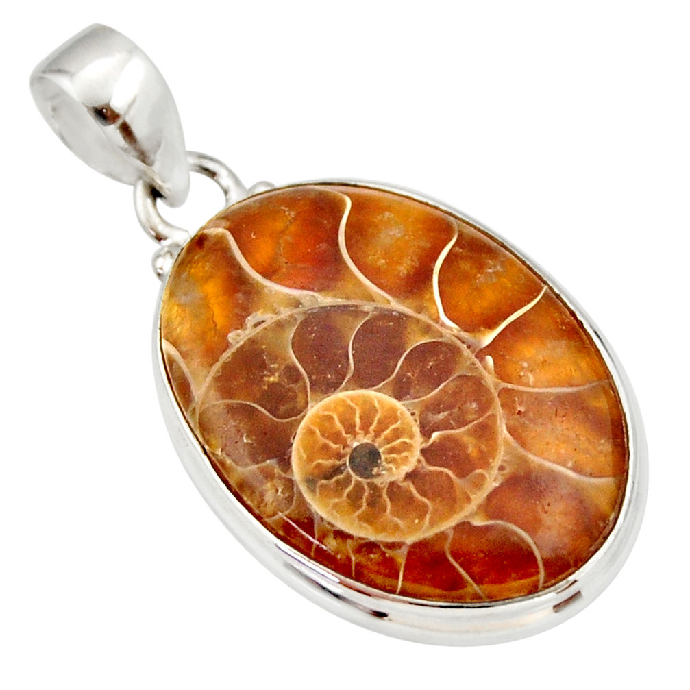 19.23cts natural brown ammonite fossil 925 sterling silver pendant r33970