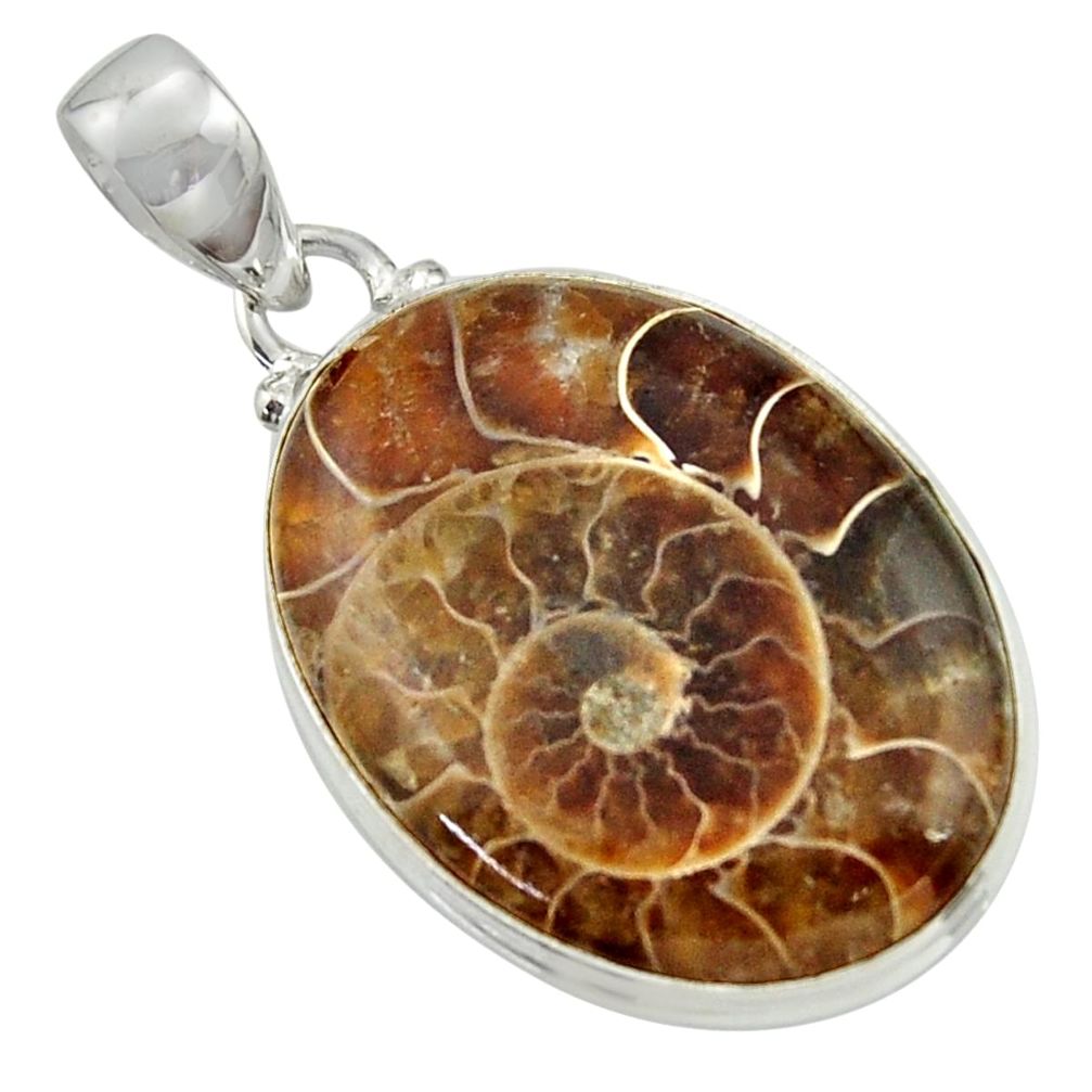 21.48cts natural brown ammonite fossil 925 sterling silver pendant r41845