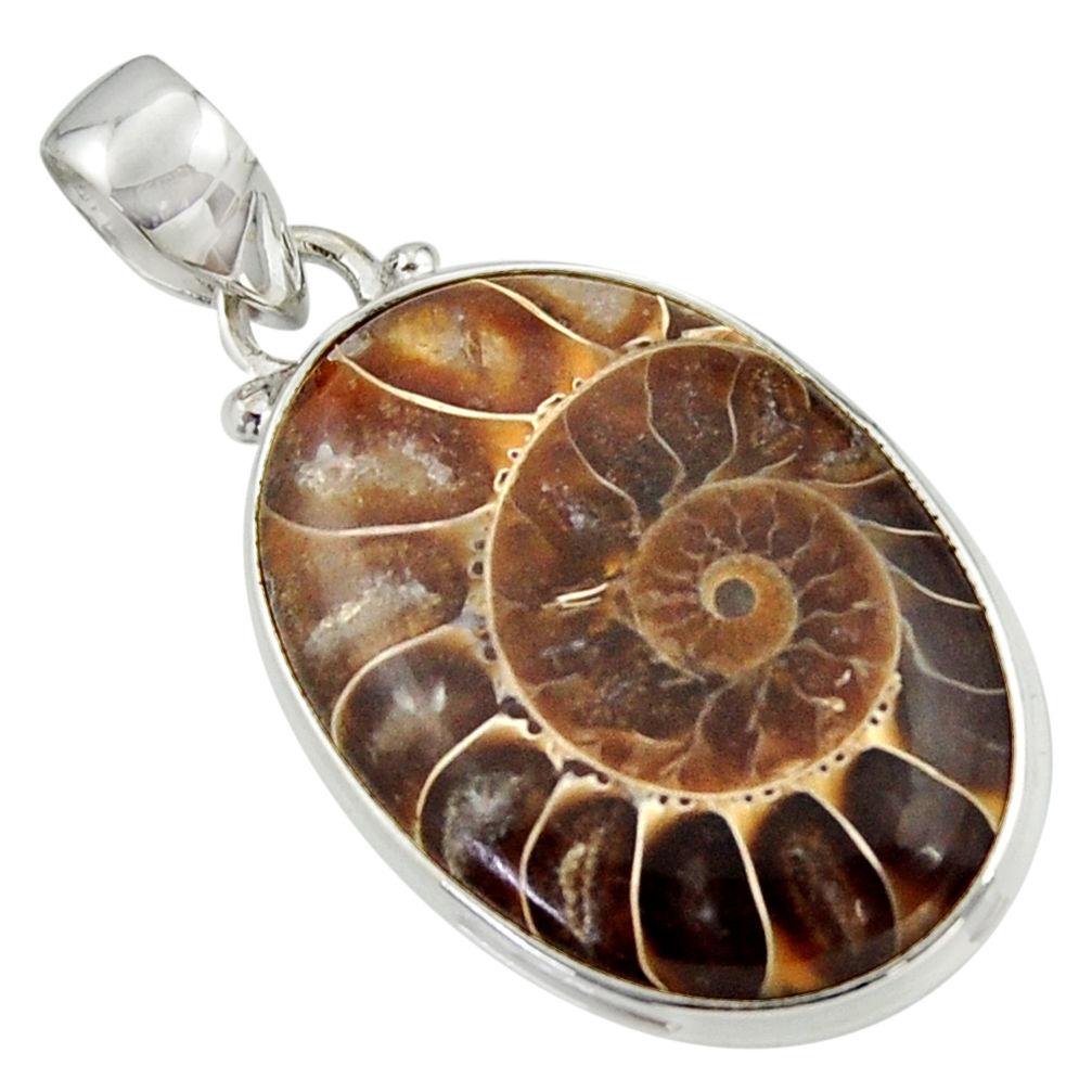 19.72cts natural brown ammonite fossil 925 sterling silver pendant r41849