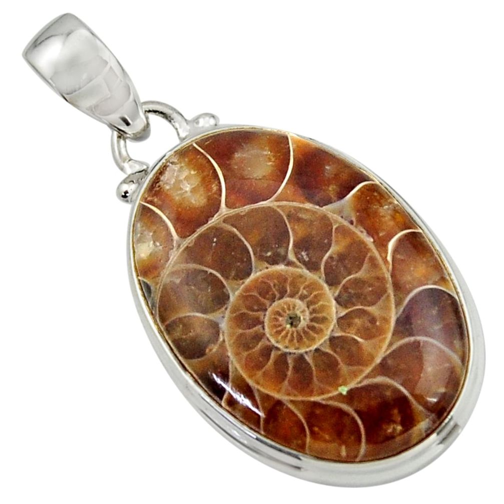 19.57cts natural brown ammonite fossil 925 sterling silver pendant r41852