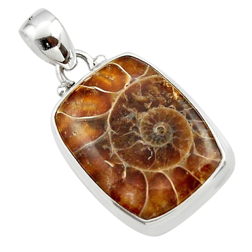 14.82cts natural brown ammonite fossil 925 sterling silver pendant r46585