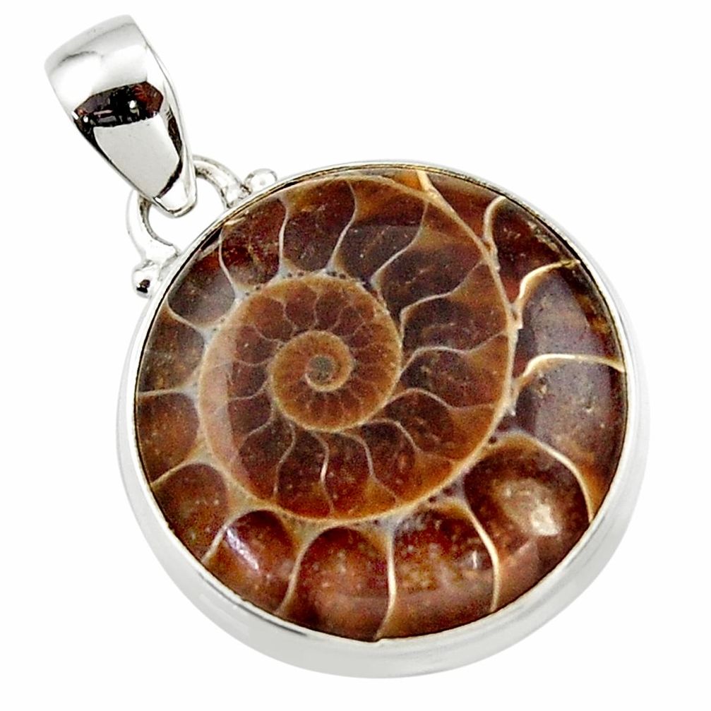 17.98cts natural brown ammonite fossil 925 sterling silver pendant r46587