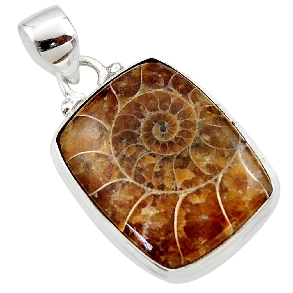 15.48cts natural brown ammonite fossil 925 sterling silver pendant r46588
