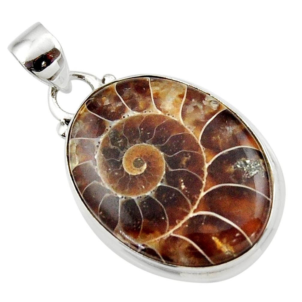 13.93cts natural brown ammonite fossil 925 sterling silver pendant r46591