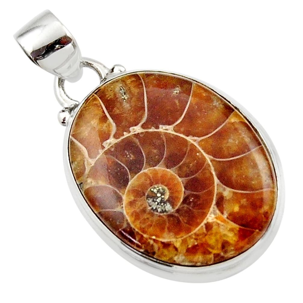 14.95cts natural brown ammonite fossil 925 sterling silver pendant r46593