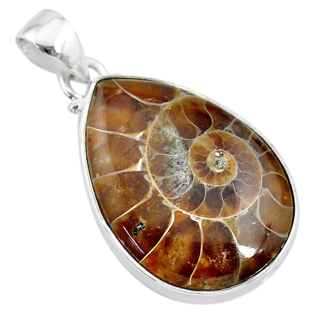 18.15cts natural brown ammonite fossil 925 sterling silver pendant t21576