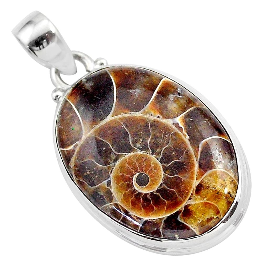 18.15cts natural brown ammonite fossil 925 sterling silver pendant t42441