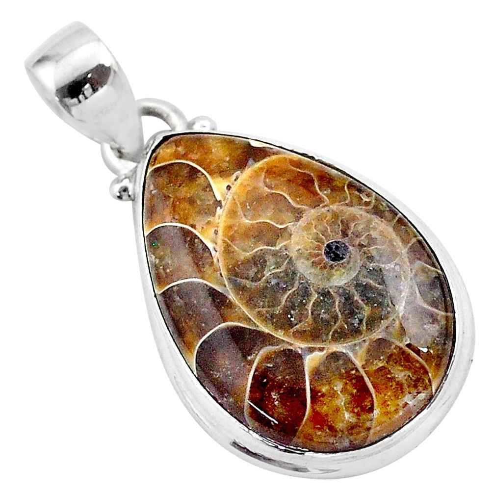 14.18cts natural brown ammonite fossil 925 sterling silver pendant t42448