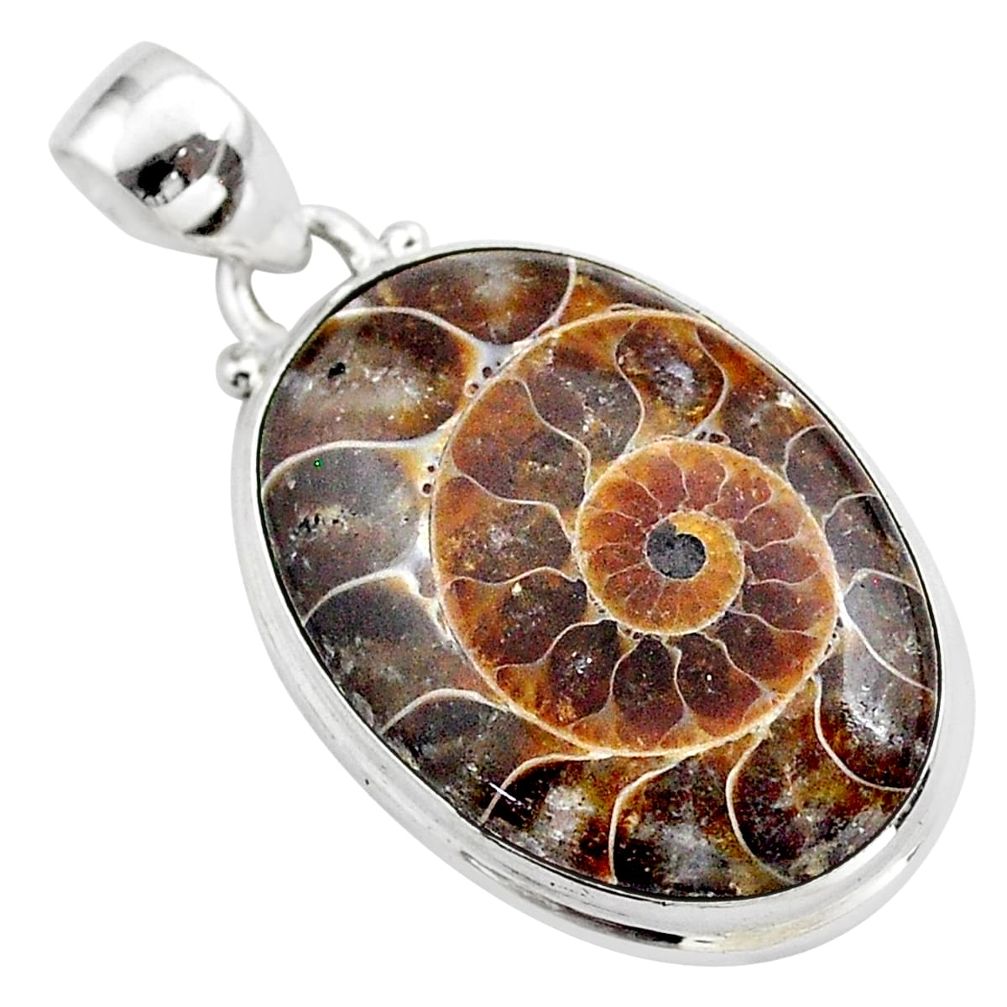 18.15cts natural brown ammonite fossil 925 sterling silver pendant t42461