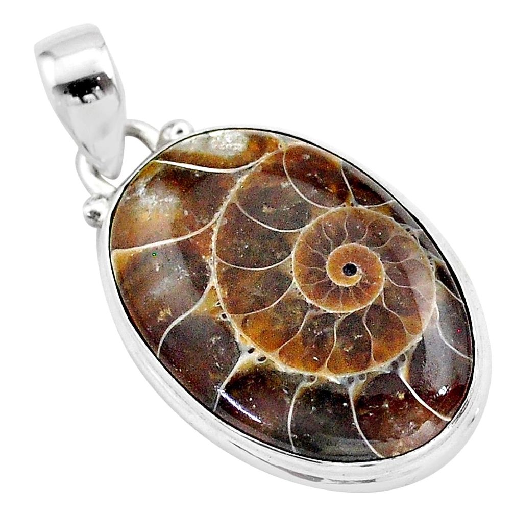 15.08cts natural brown ammonite fossil 925 sterling silver pendant t42462