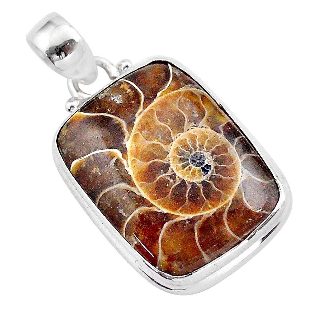 15.65cts natural brown ammonite fossil 925 sterling silver pendant t42469