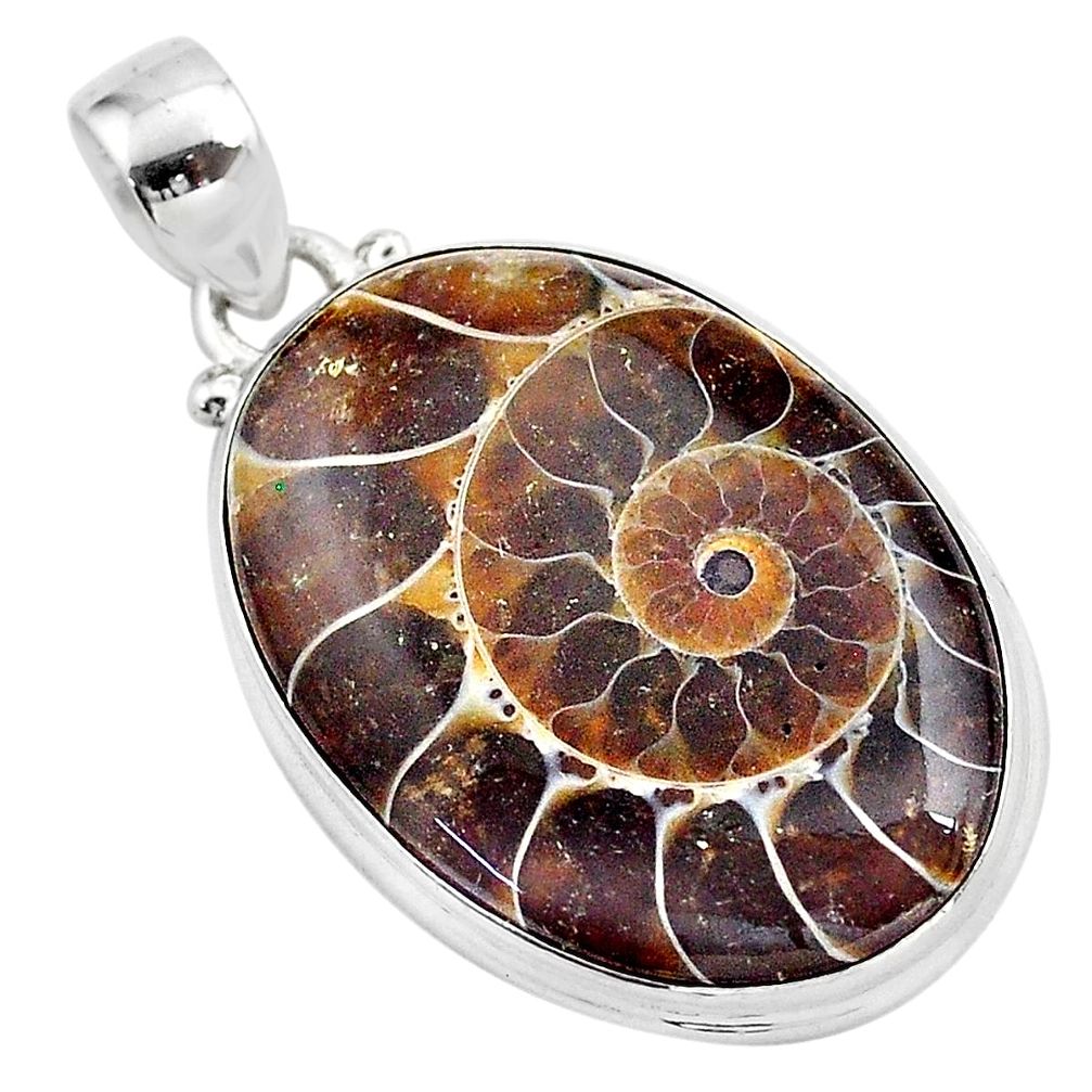 19.07cts natural brown ammonite fossil 925 sterling silver pendant t42485