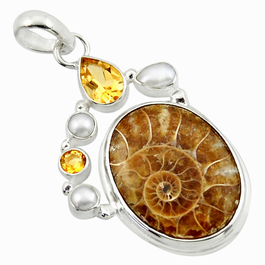 26.62cts natural brown ammonite fossil citrine pearl 925 silver pendant r40102
