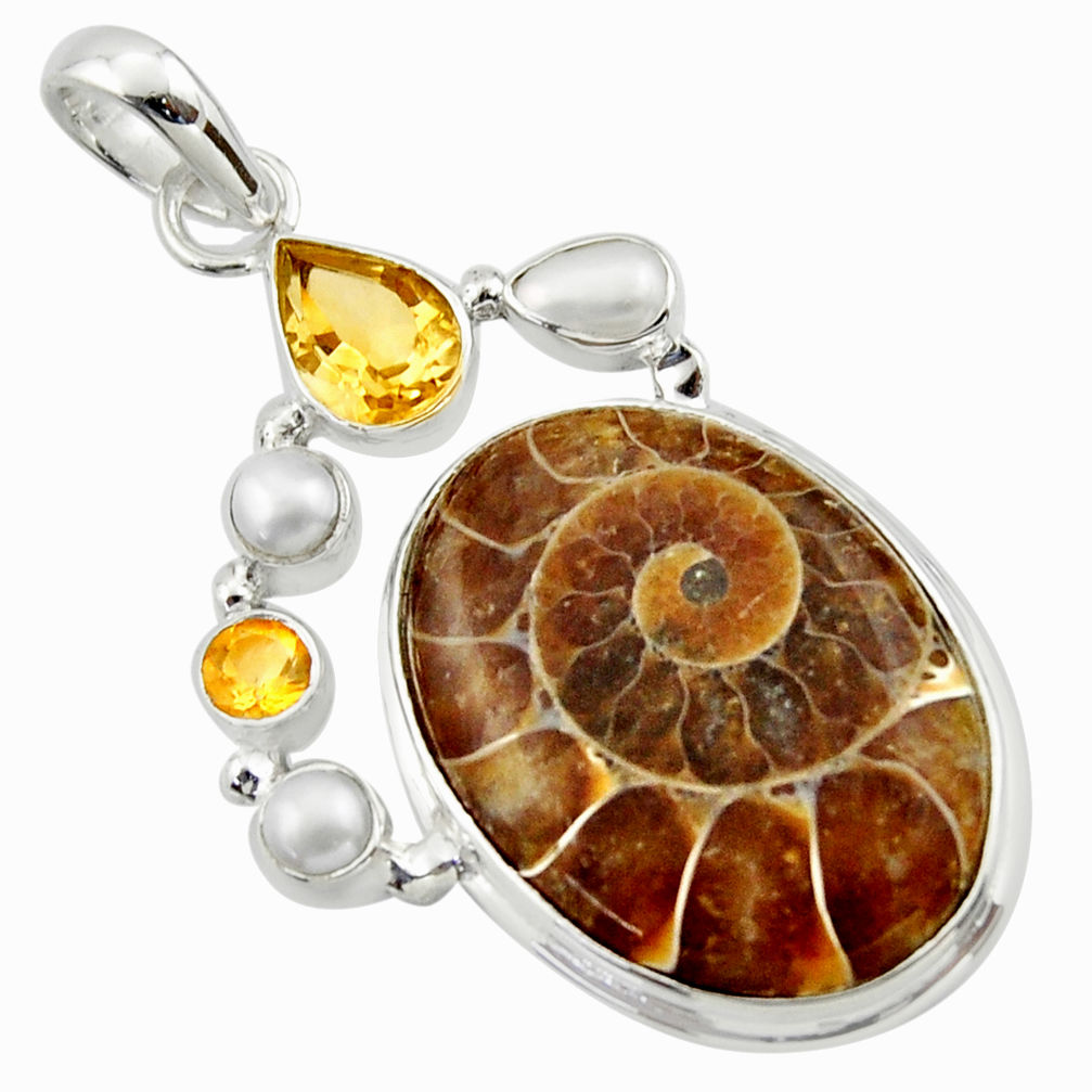 28.30cts natural brown ammonite fossil citrine pearl 925 silver pendant r40106