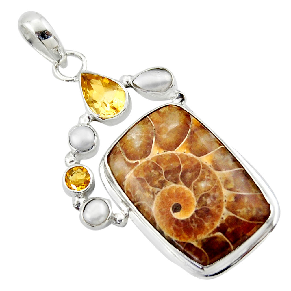 28.27cts natural brown ammonite fossil citrine pearl 925 silver pendant r40120