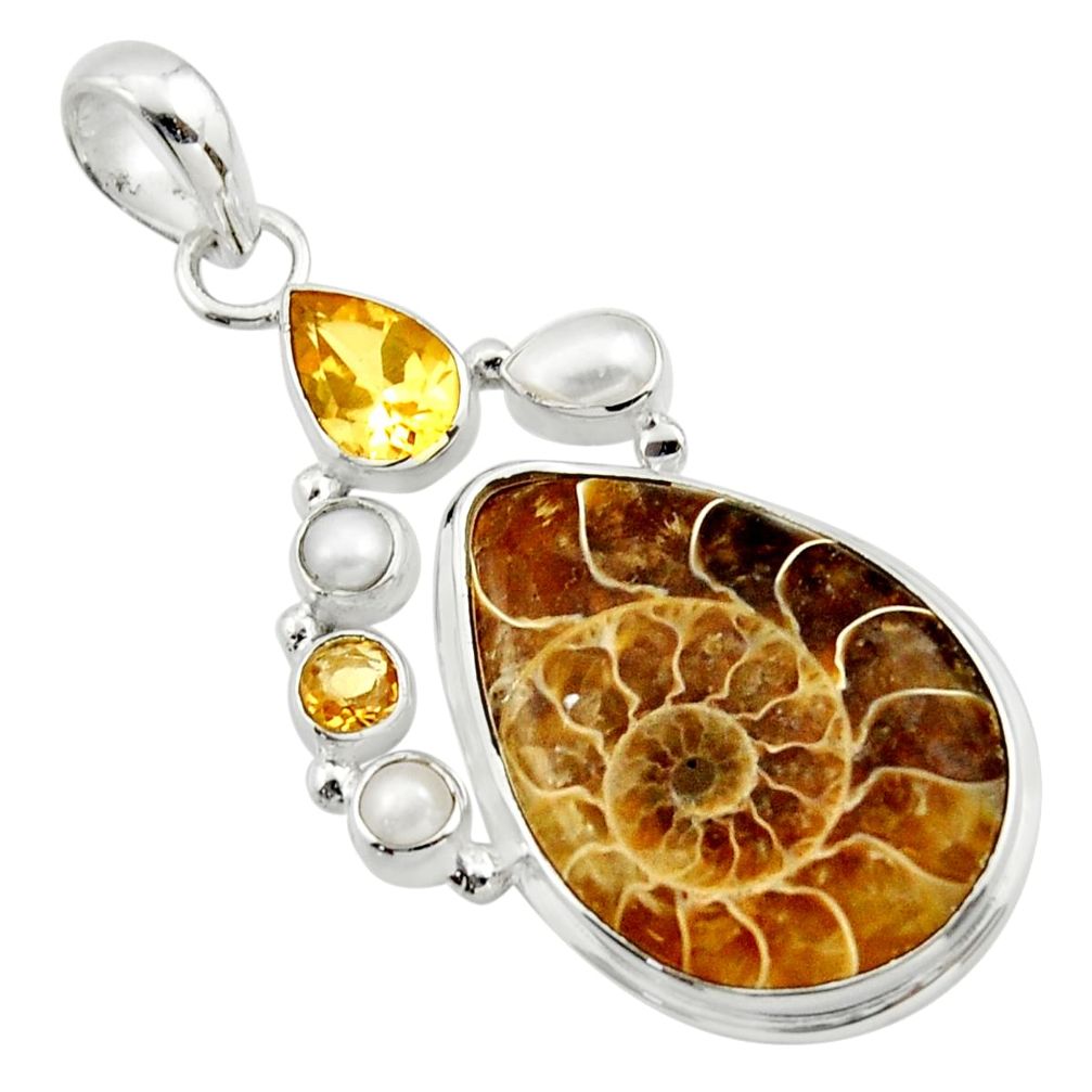 26.06cts natural brown ammonite fossil citrine pearl 925 silver pendant r40129