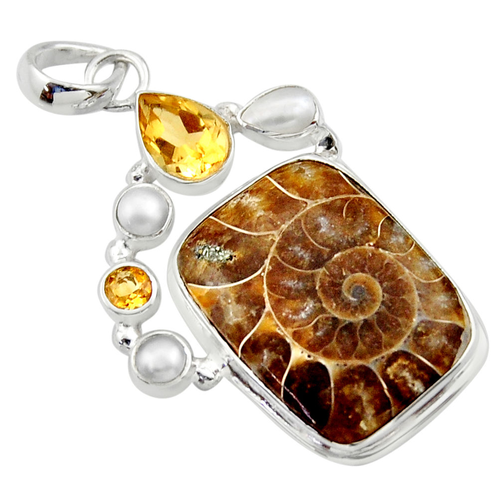 25.00cts natural brown ammonite fossil citrine pearl 925 silver pendant r40130