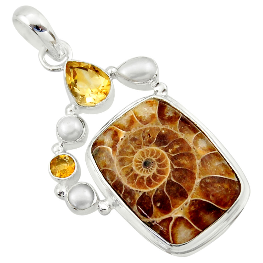 27.70cts natural brown ammonite fossil citrine pearl 925 silver pendant r40134