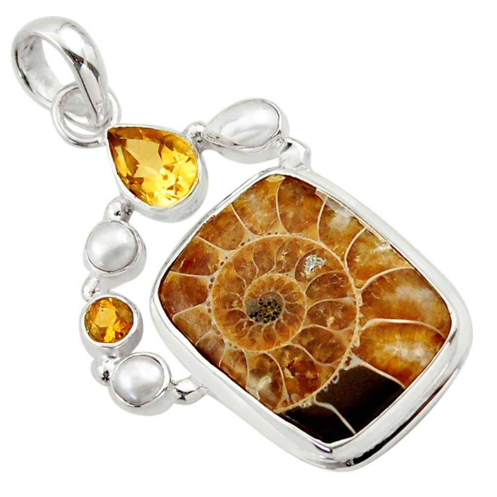 25.57cts natural brown ammonite fossil citrine pearl 925 silver pendant r40136