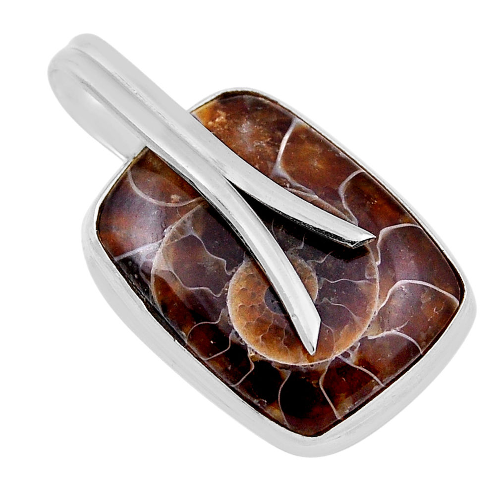 14.09cts natural brown ammonite fossil octagan sterling silver pendant n30865