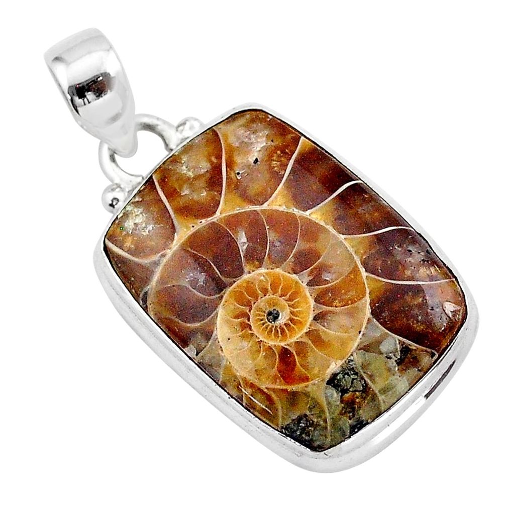 15.22cts natural brown ammonite fossil octagan sterling silver pendant t42468