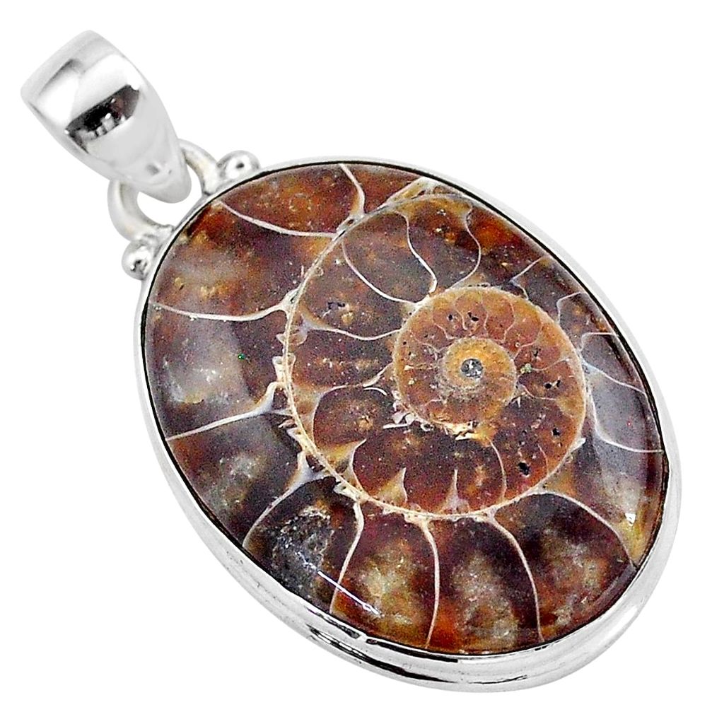 20.51cts natural brown ammonite fossil oval 925 sterling silver pendant t42484