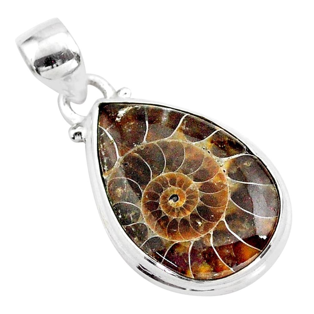 12.55cts natural brown ammonite fossil pear 925 sterling silver pendant t42450