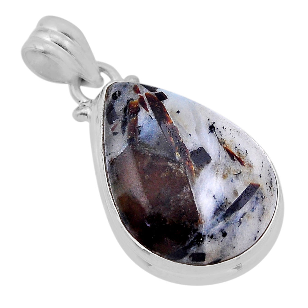 14.47cts natural brown astrophyllite (star leaf) pear 925 silver pendant n51145