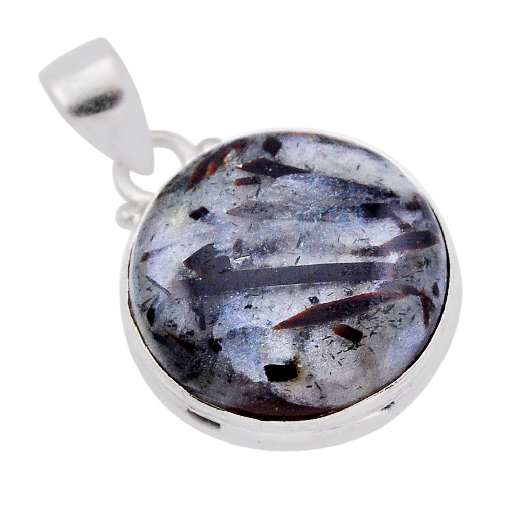 15.74cts natural brown astrophyllite (star leaf) round 925 silver pendant n51171