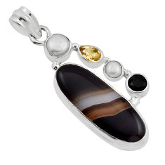 11.97cts natural brown botswana agate citrine onyx pearl silver pendant n13571