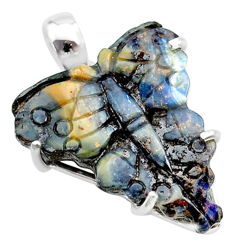 16.28cts natural brown boulder opal carving 925 silver butterfly pendant t24140