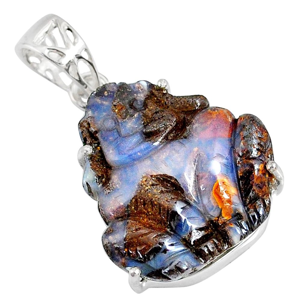 16.25cts natural brown boulder opal carving 925 silver dog charm pendant r79463