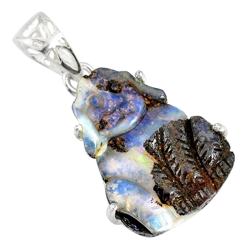 14.20cts natural brown boulder opal carving 925 silver dog charm pendant r79477