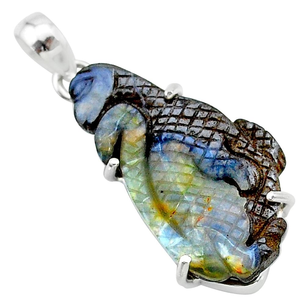 15.26cts natural brown boulder opal carving 925 silver dragon pendant t24146