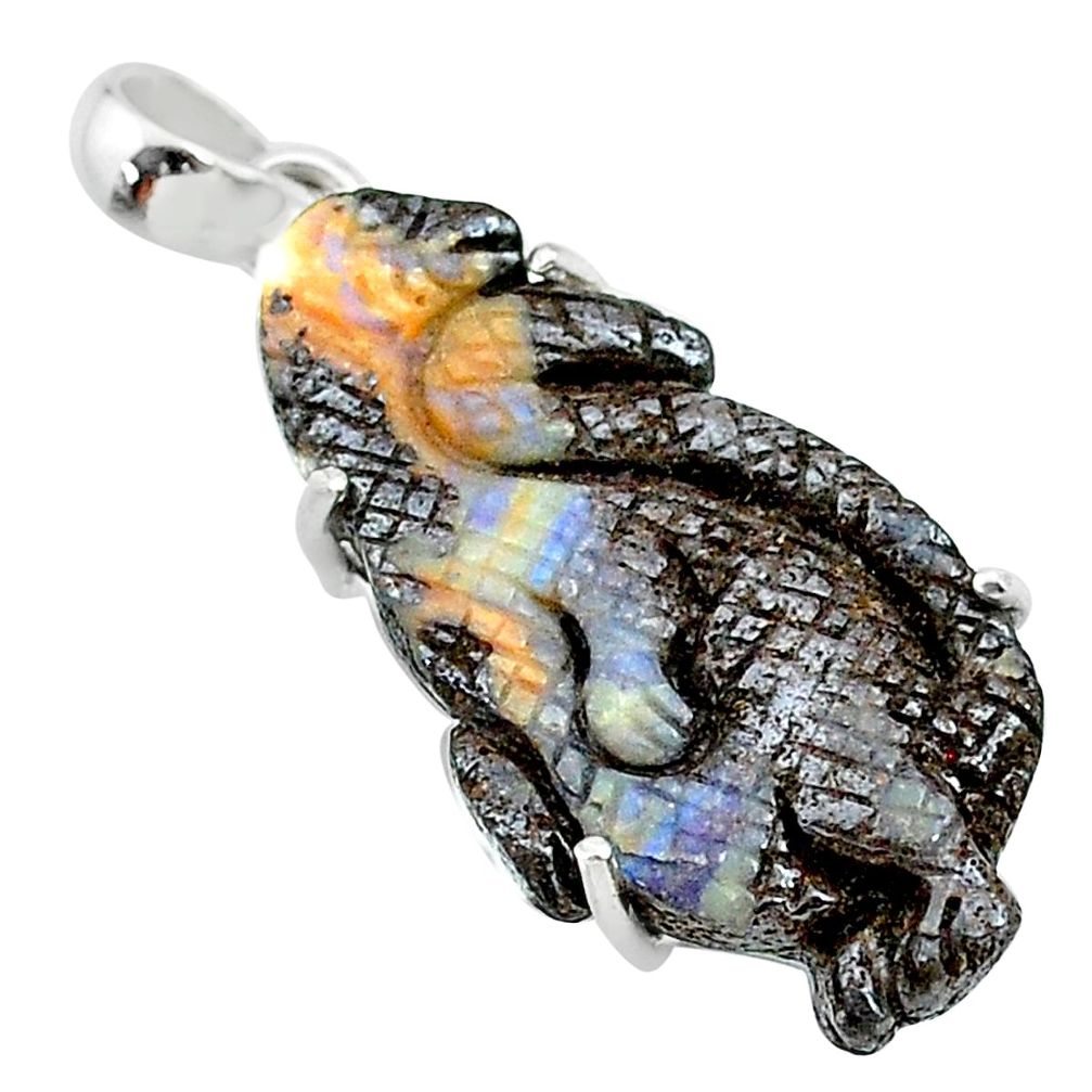 16.72cts natural brown boulder opal carving 925 silver dragon pendant t24176