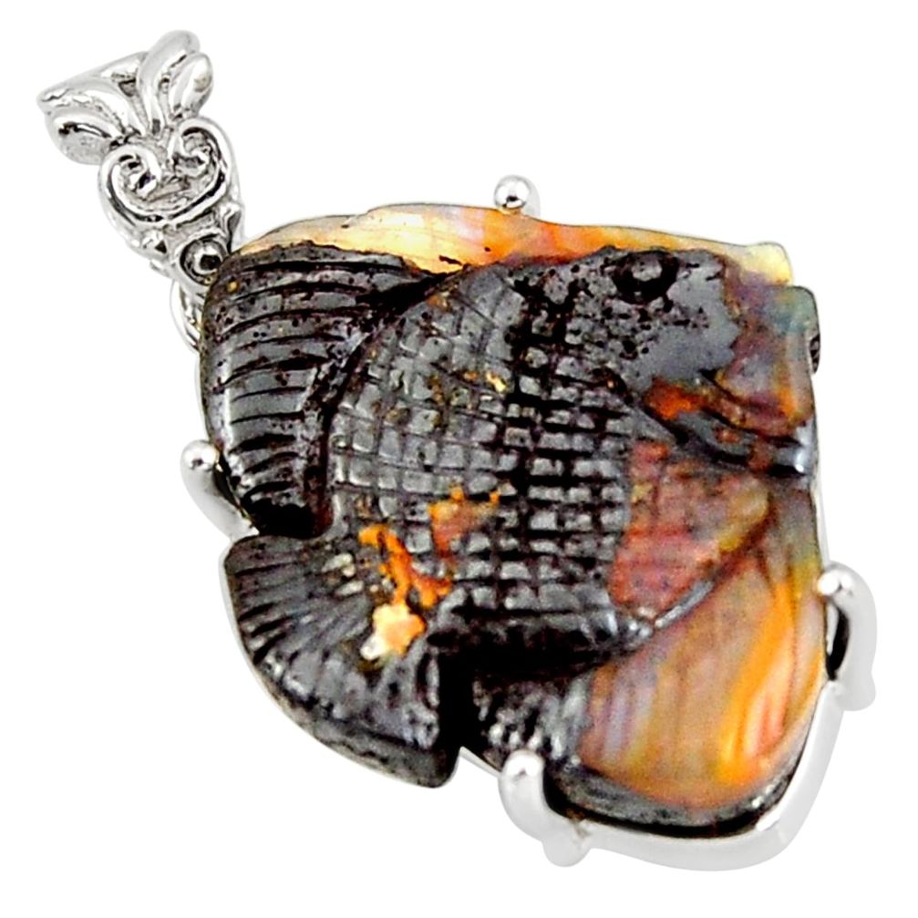 24.16cts natural brown boulder opal carving 925 silver fish pendant r38325