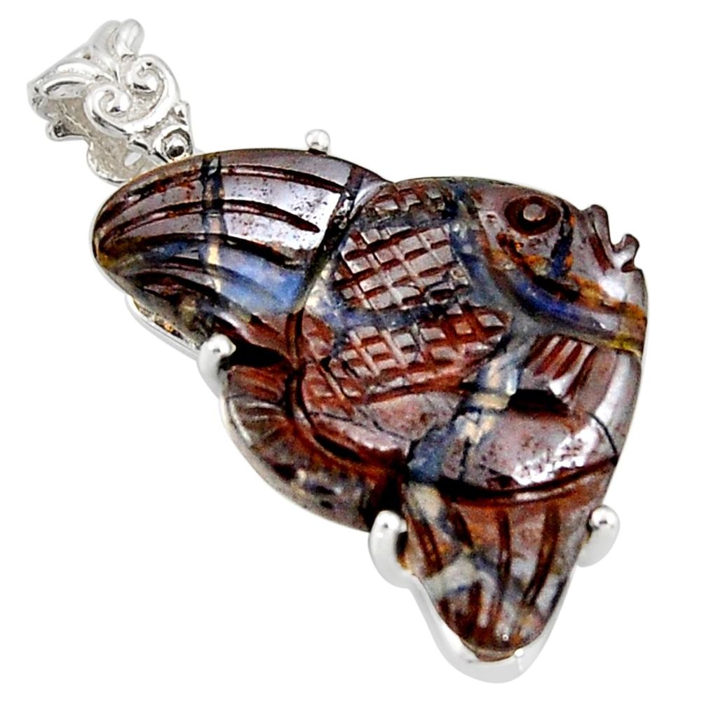 20.17cts natural brown boulder opal carving 925 silver fish pendant r38326