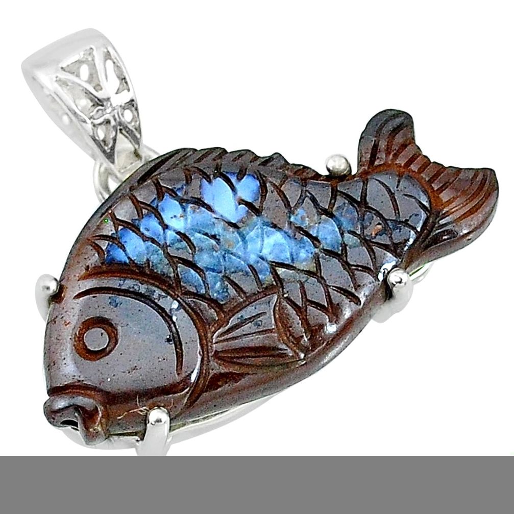 20.46cts natural brown boulder opal carving 925 silver fish pendant t10603