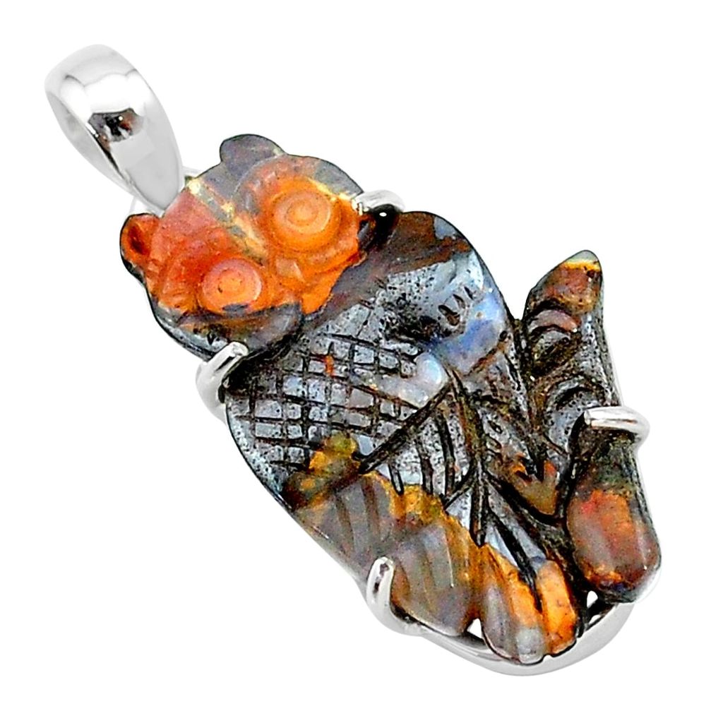 14.79cts natural brown boulder opal carving 925 silver owl pendant t24108