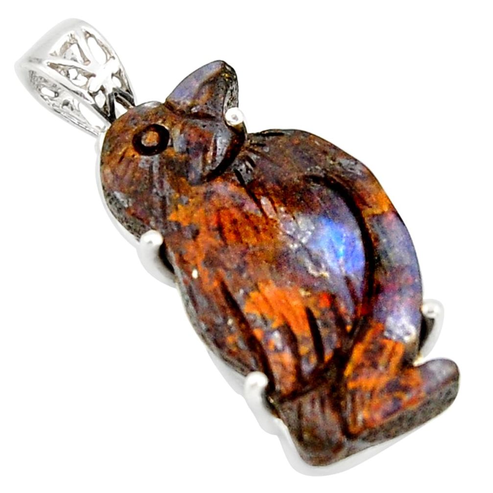 20.76cts natural brown boulder opal carving 925 sterling silver pendant r38327