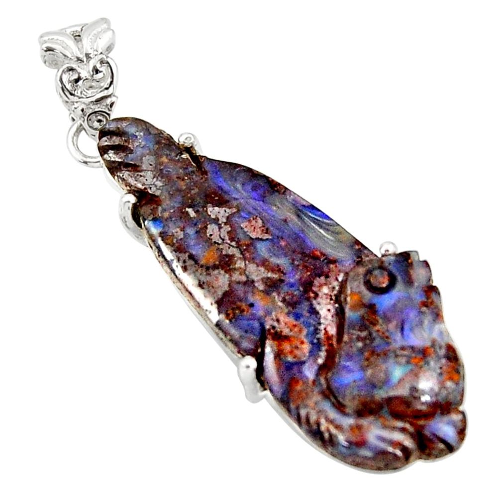 20.17cts natural brown boulder opal carving 925 sterling silver pendant r38331
