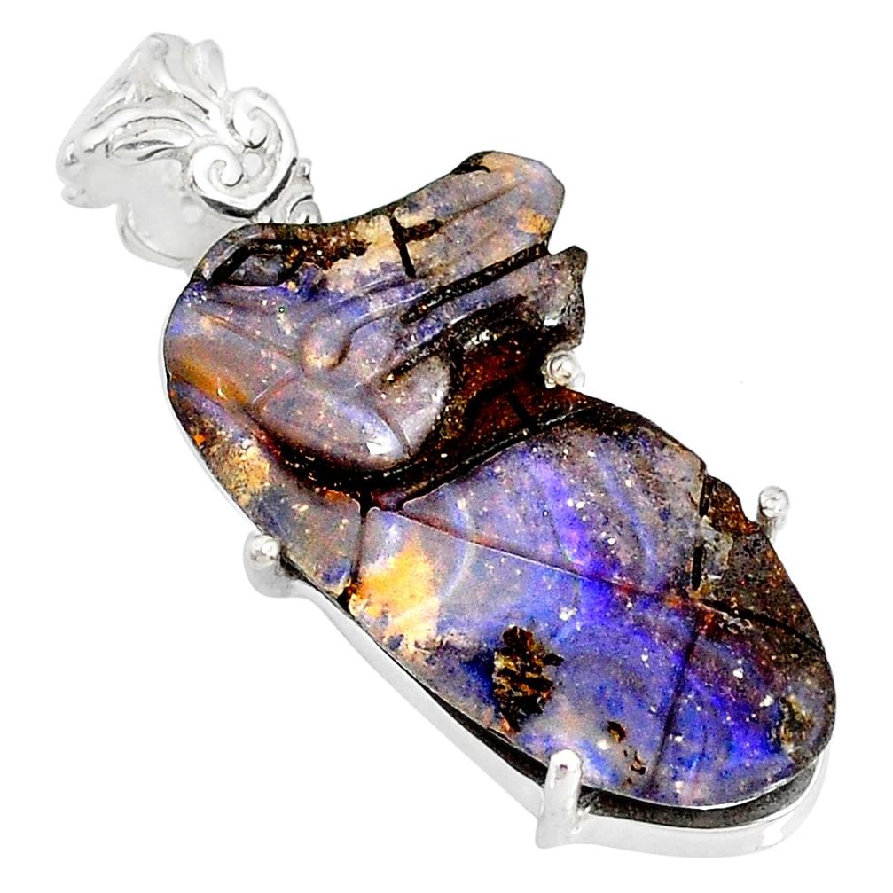 15.85cts natural brown boulder opal carving 925 silver handmade pendant r79455