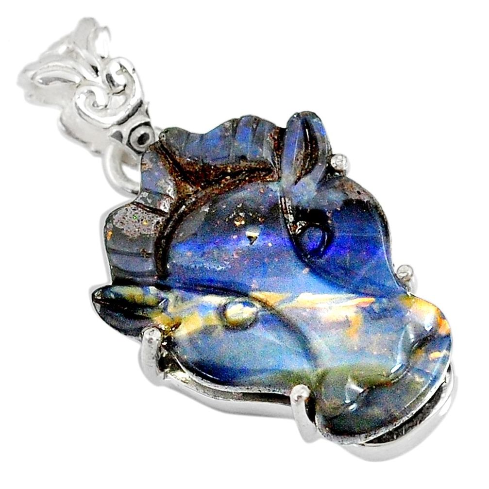 15.85cts natural brown boulder opal carving 925 silver handmade pendant r79471
