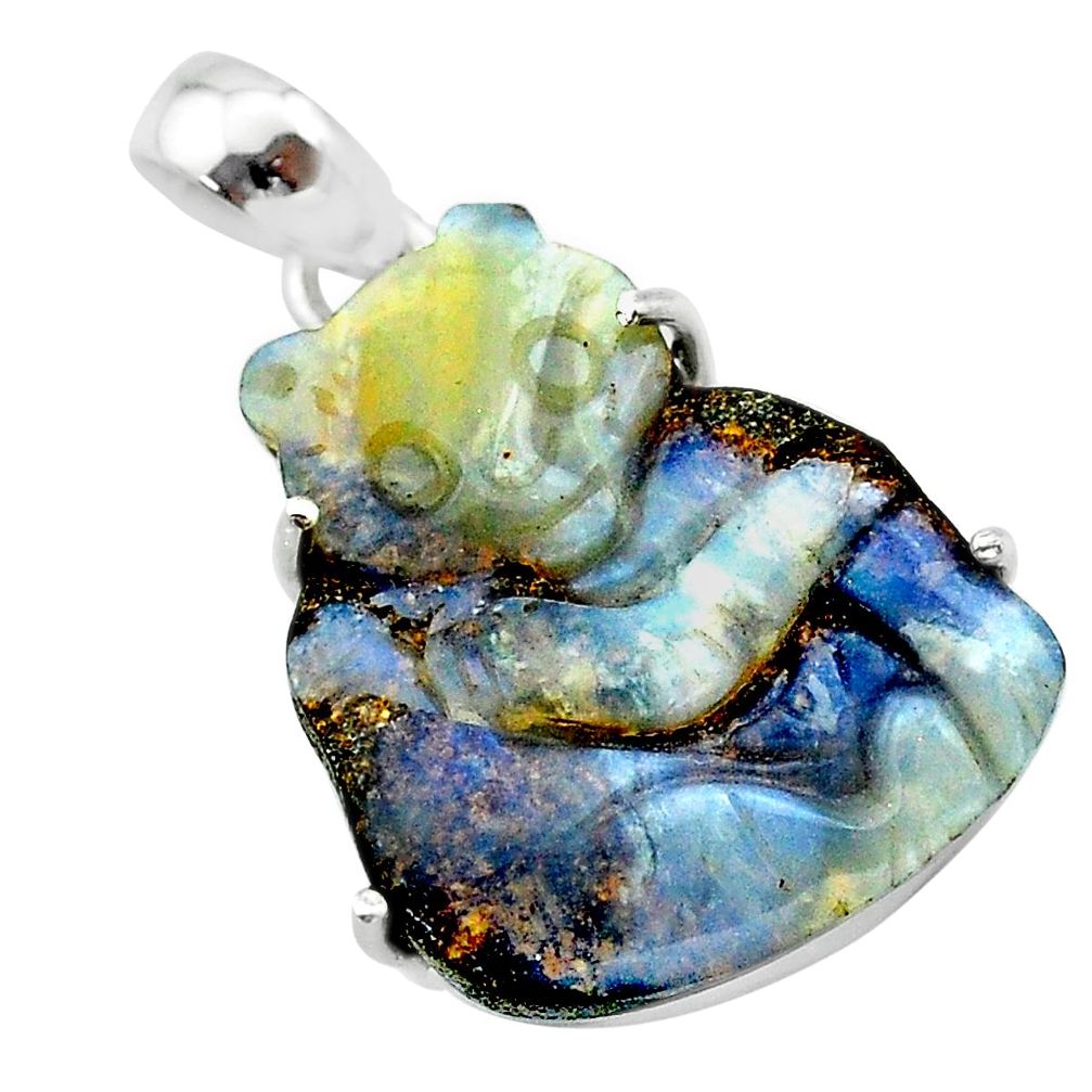 14.69cts natural brown boulder opal carving 925 sterling silver pendant t24089