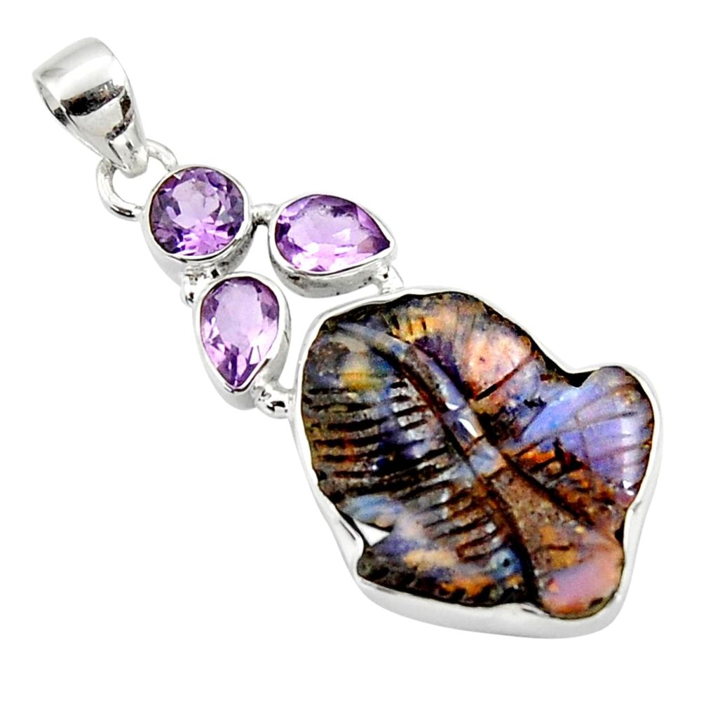  brown boulder opal carving amethyst 925 silver pendant d44648