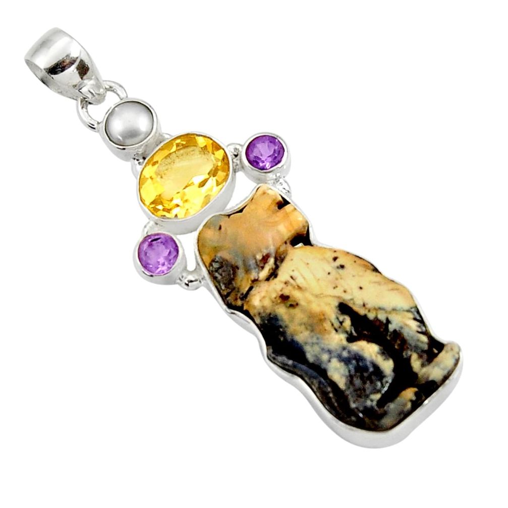  brown boulder opal carving citrine 925 silver pendant d44656